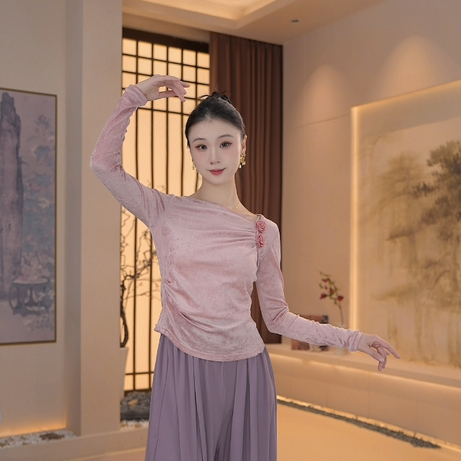 法式花朵斜肩丝绒长袖现代舞蹈服女秋冬新款温柔风褶皱练功服上衣
