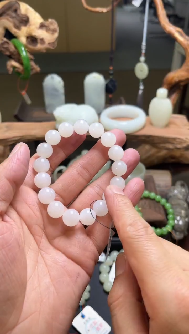 【闪购商品】和田玉手串未镶嵌卡12且末天泰白玉 圆珠 30528