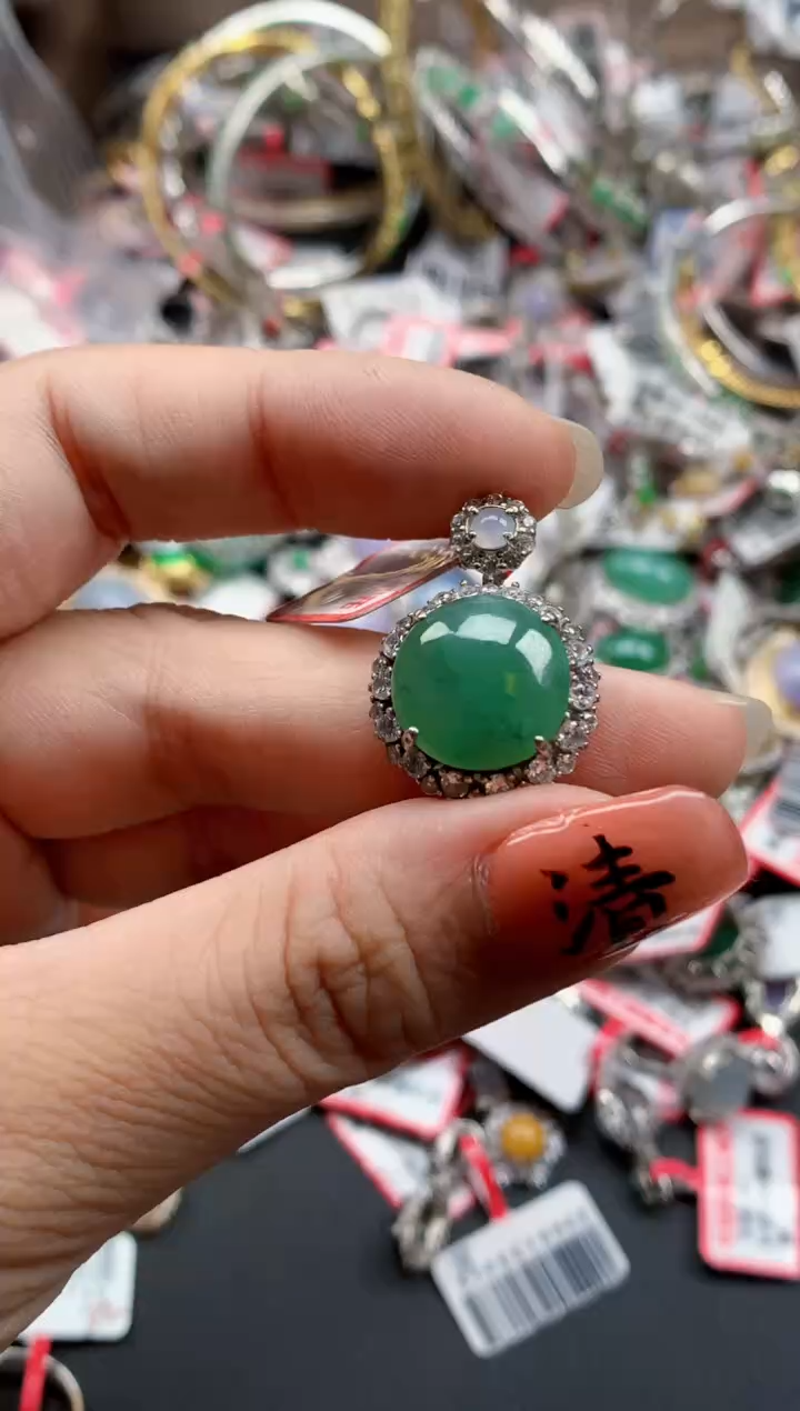 银S925镶嵌戒指翡翠天然A货缅甸翡翠