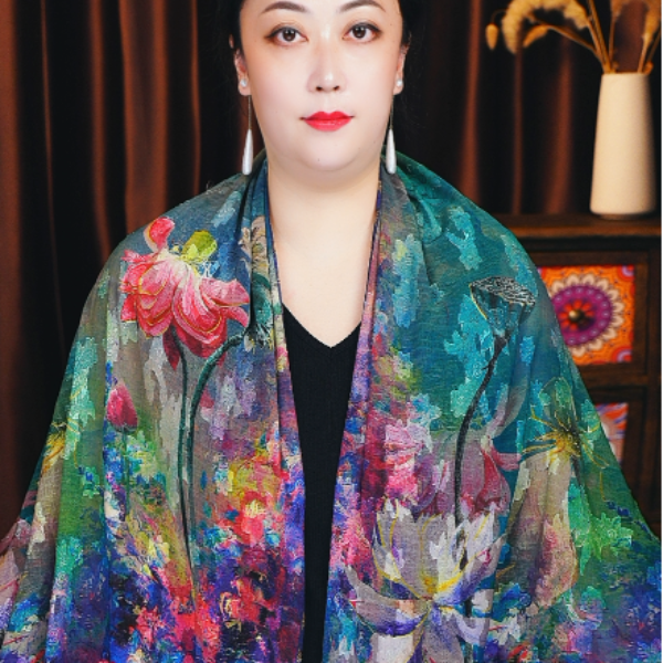 7610【油画彩荷】新中式剪花高定国风丝巾