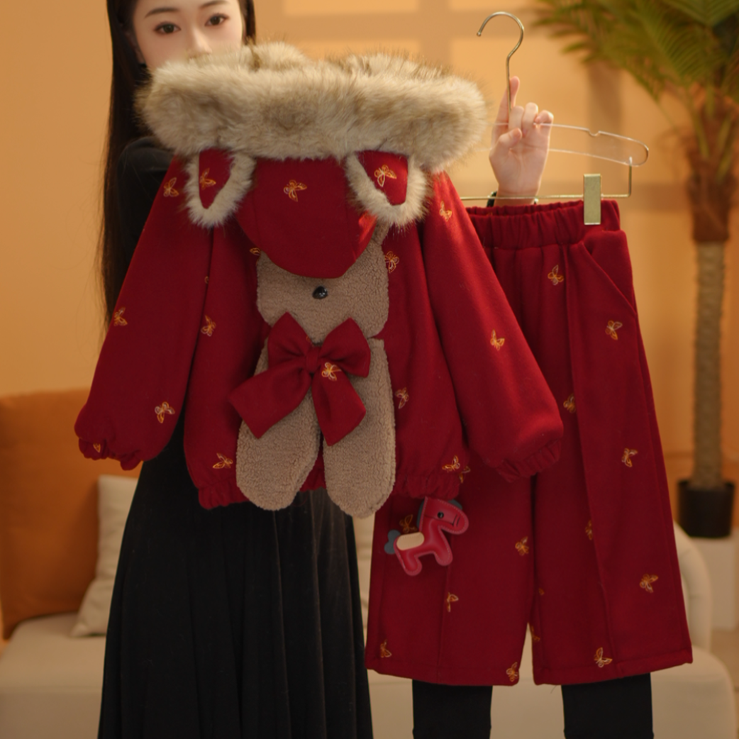 女童组合冬季2025年圣诞新年连帽加厚加绒外套DWT25288