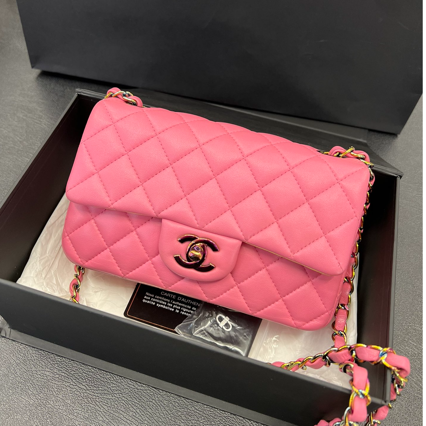 95新 Chanel/香奈儿 cf大mini拼色炫彩扣粉拼黄内里牛皮 31开