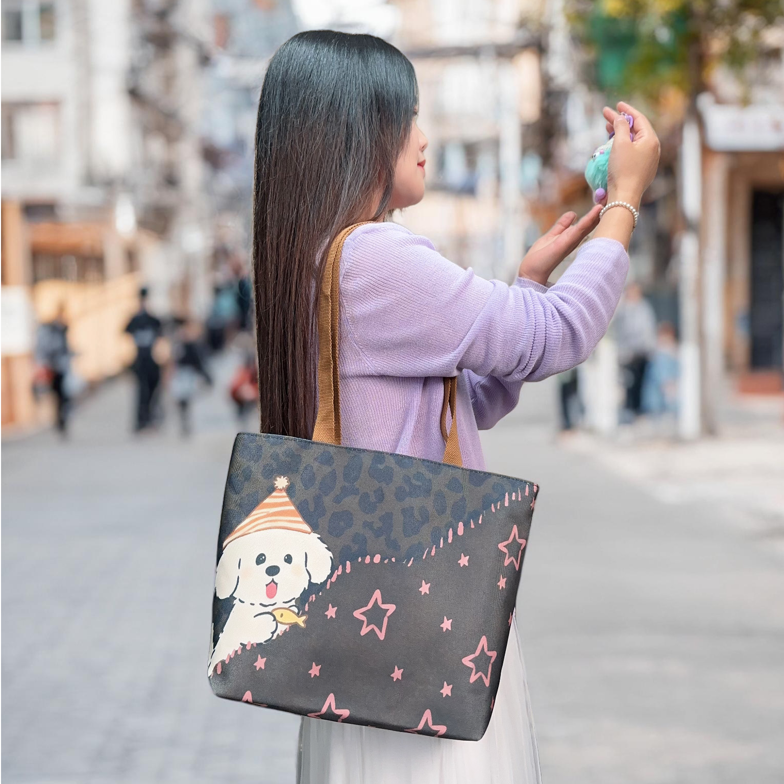 YANUOER-卡通帆布包新款耐磨男女单肩包印花百搭通勤包学生补习包