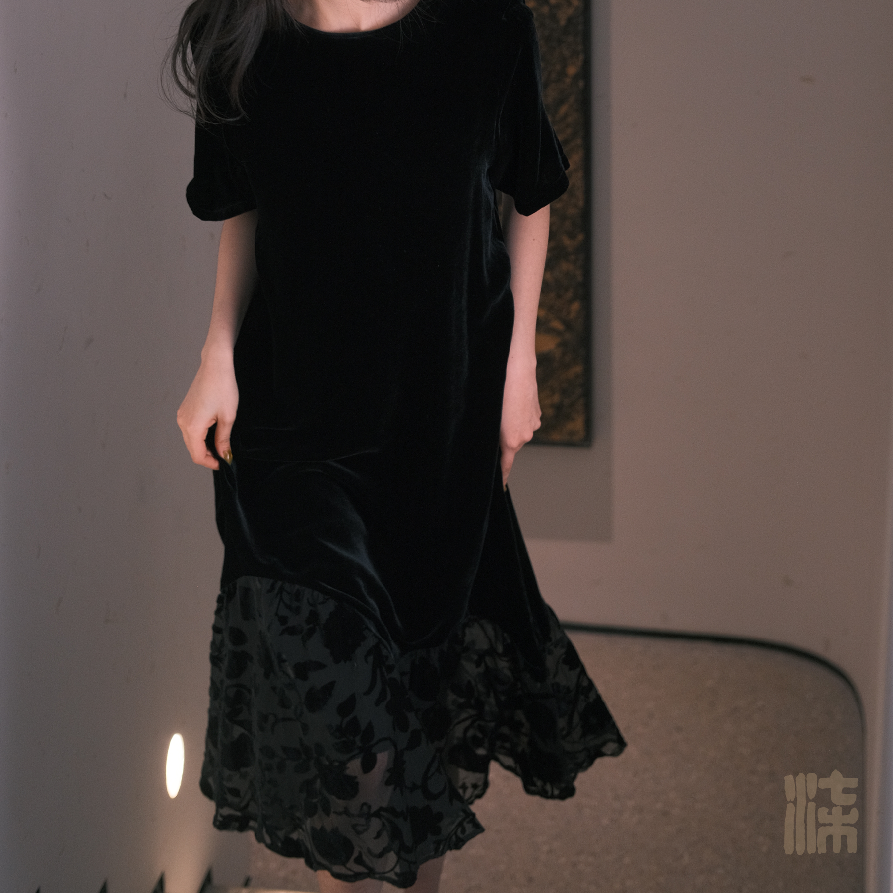 【梦莲】柒熹坊·秋小姨推荐 桑蚕丝丝绒刺绣拼接连衣裙