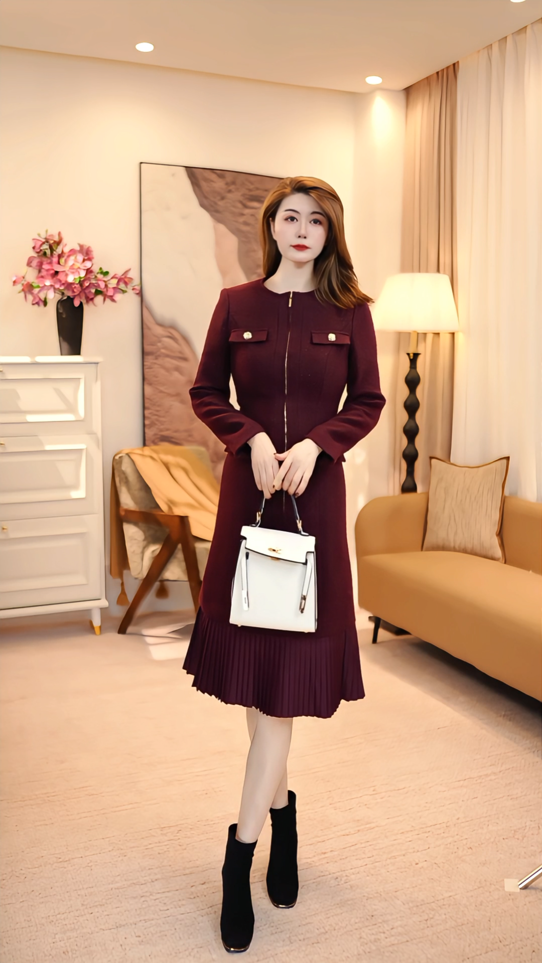 显瘦拉链长袖套头款秋冬连衣裙中长款冬季气质  86080