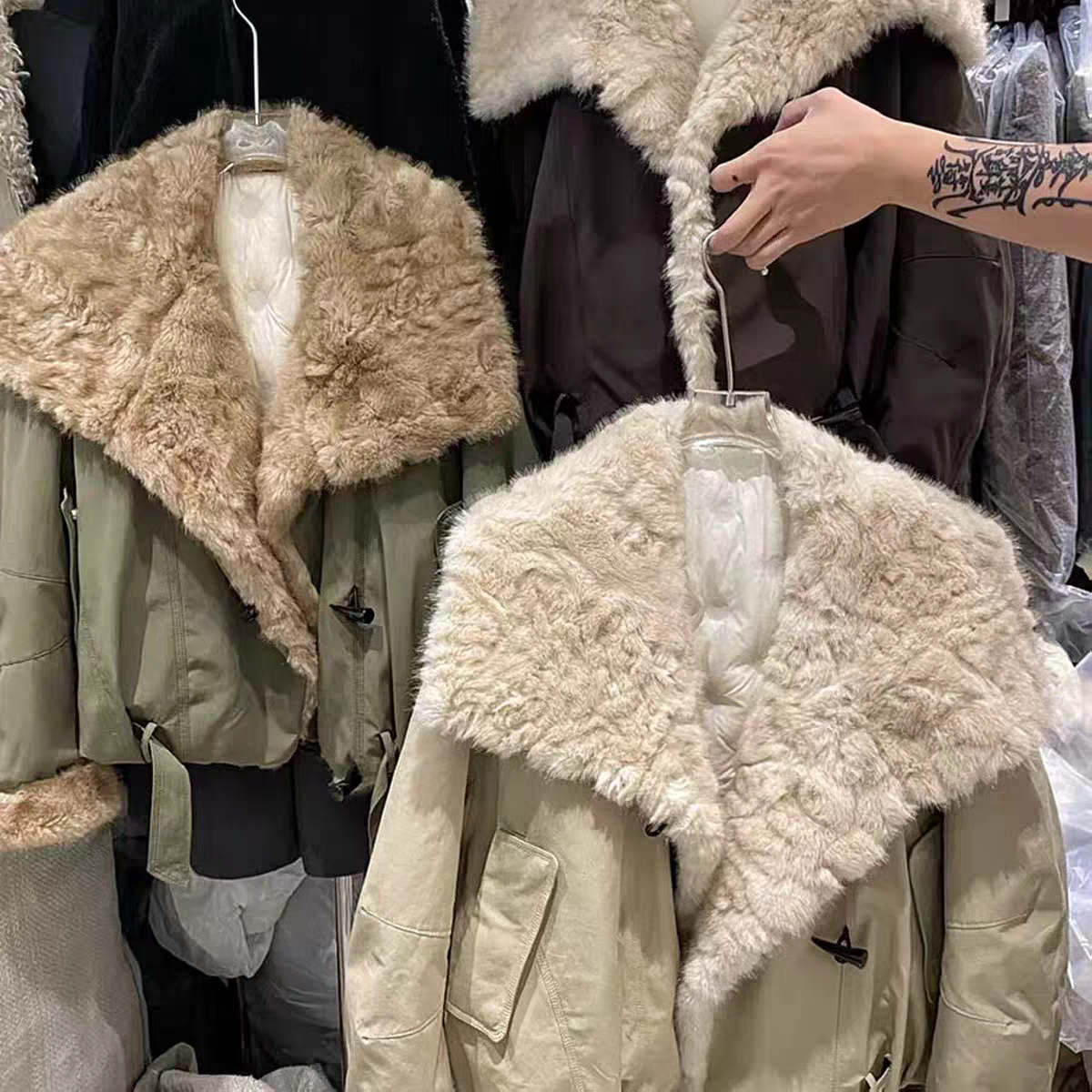 〔艾木〕冬款韩版宽松百搭加厚毛翻领派克服外套