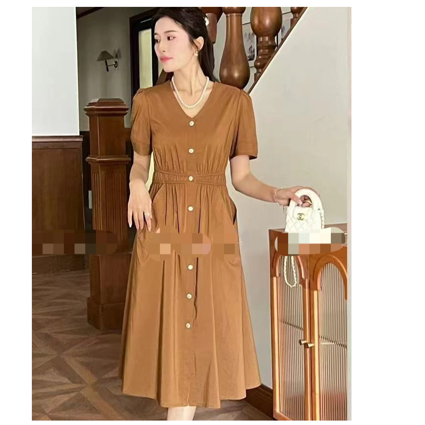 YL4231027法式裙子A字裙X型裙拼接连衣裙褶皱显瘦女装V领夏季