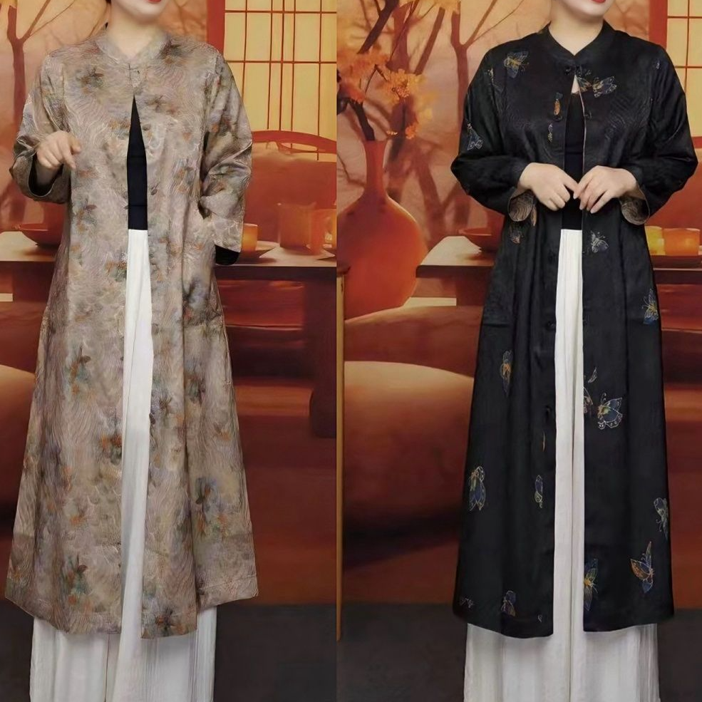 双面双穿春秋新款提花风衣轻奢高贵妈妈中式长款提花复古女士外套