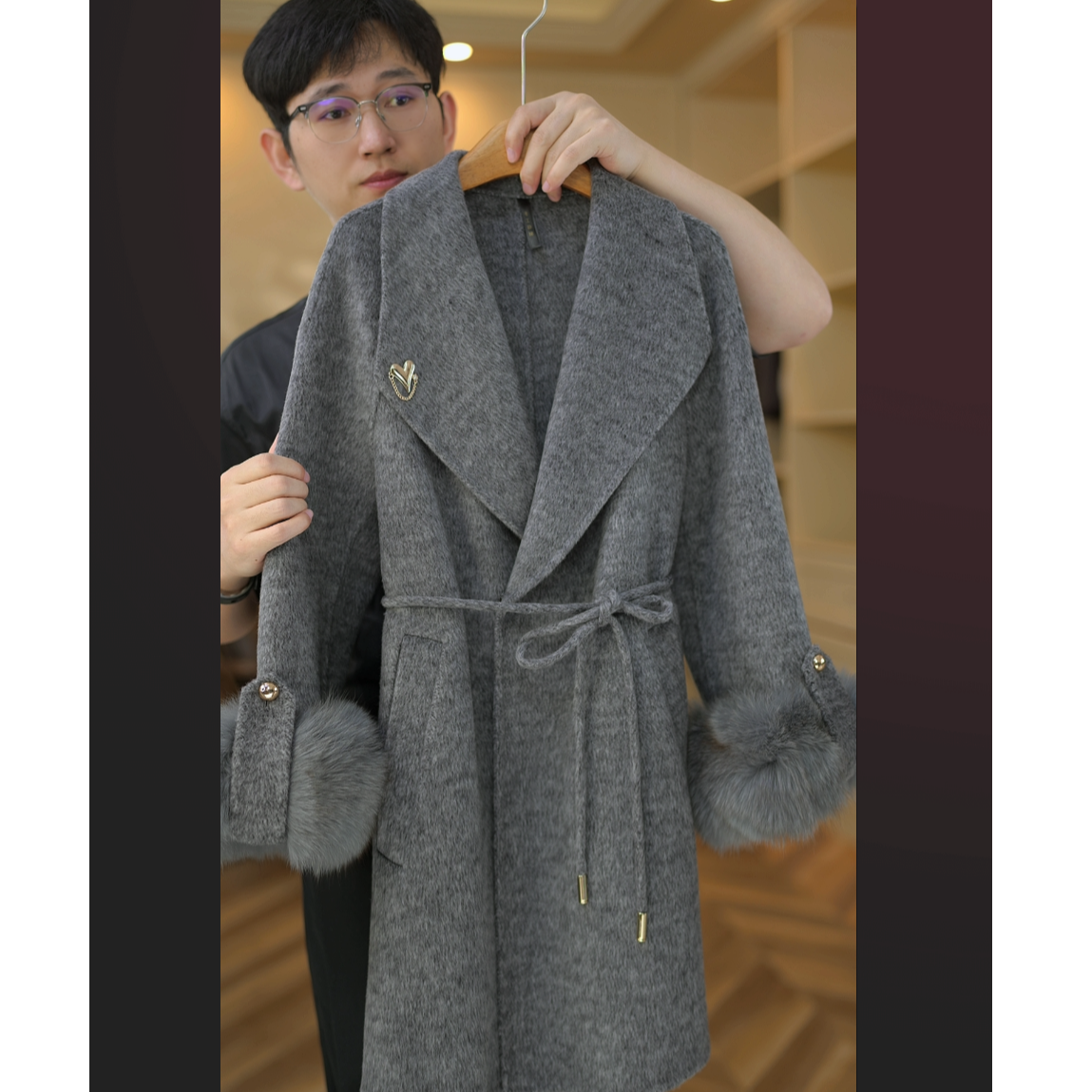 【小野】秋冬新长款时尚气质大气系带狐狸袖大V领双面羊毛大衣