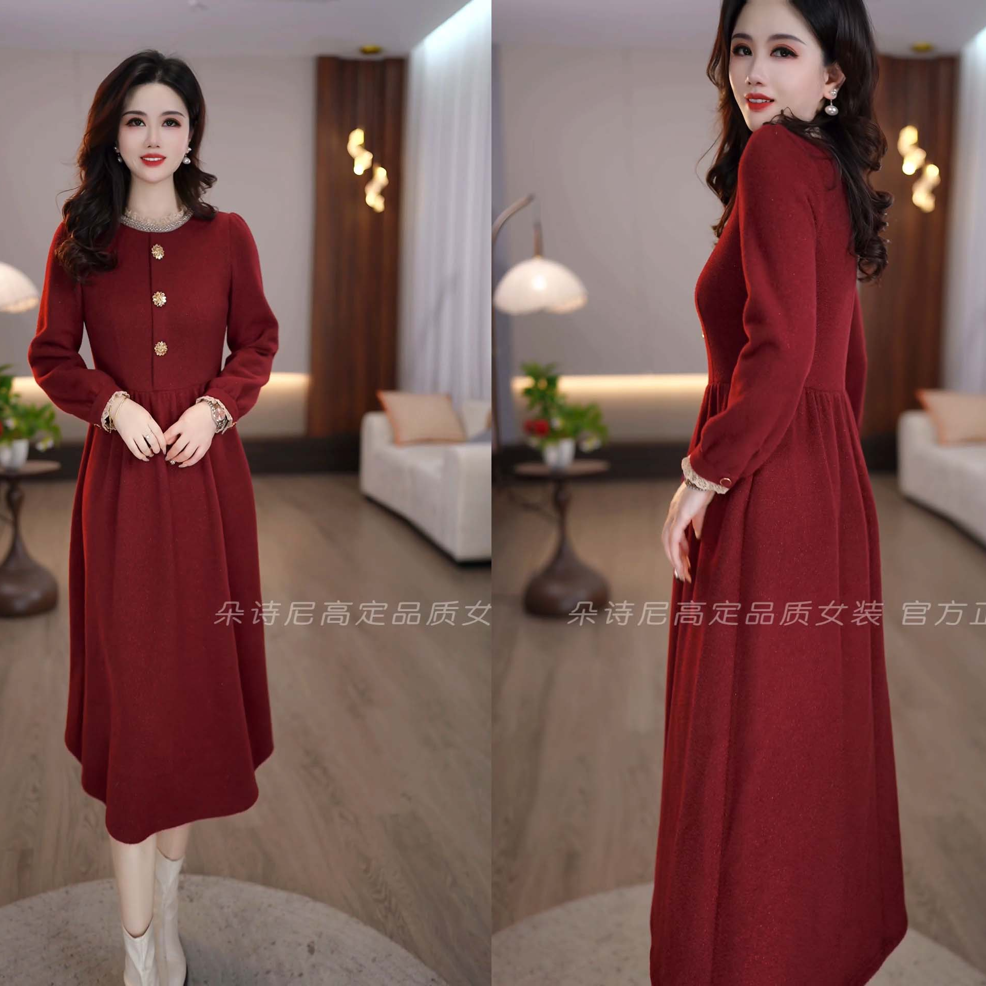 2025冬款新年红圆领精致花边设计时尚打底修身中长款连衣裙M-4XL