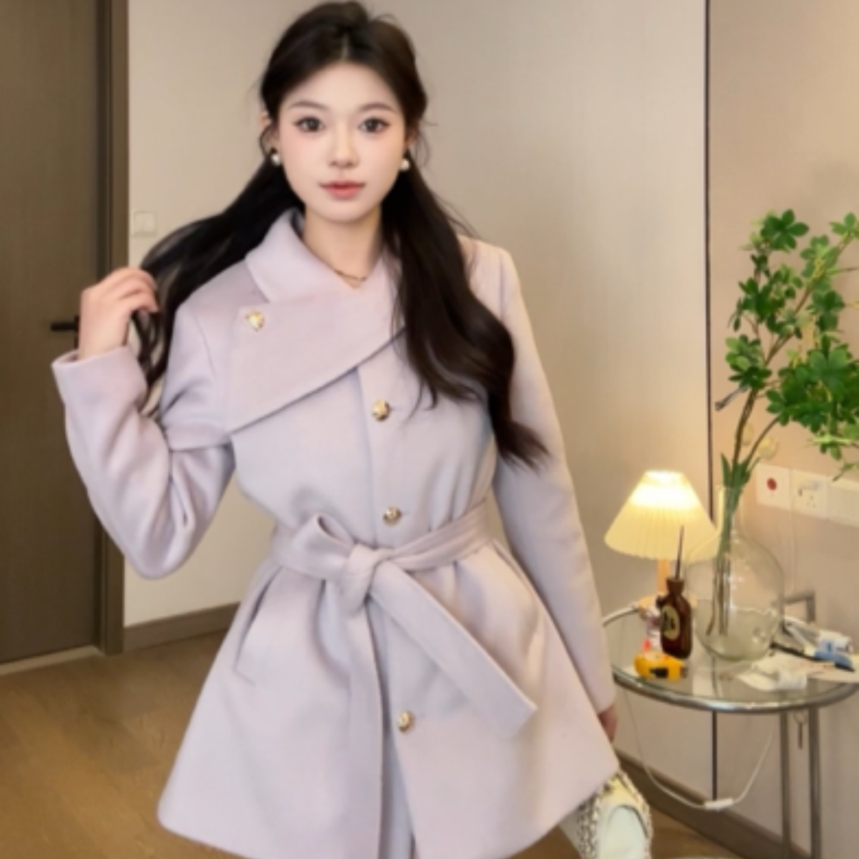 onee自制小个子折领大衣白色浅紫色气质百搭冬季长短款新款2024冬