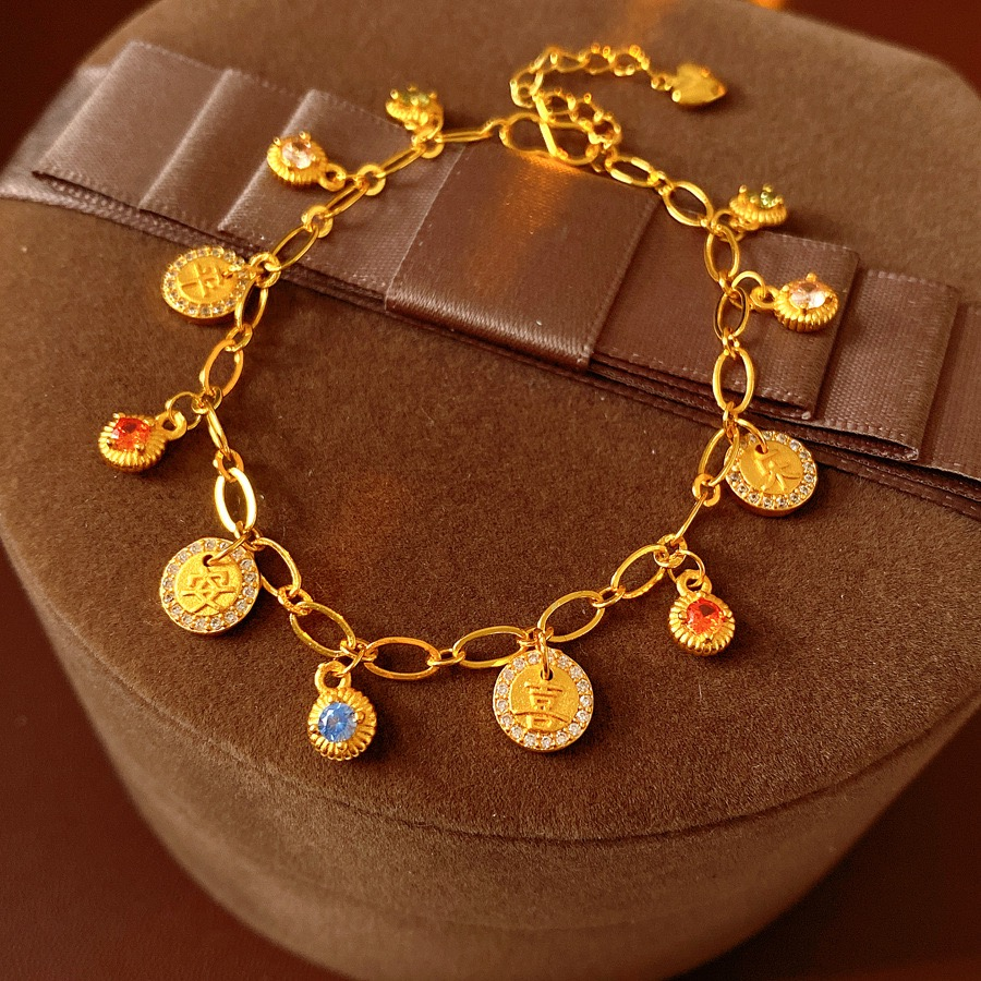 铜合金手链 新中式气质环环相扣平安喜乐手链轻奢时尚复古