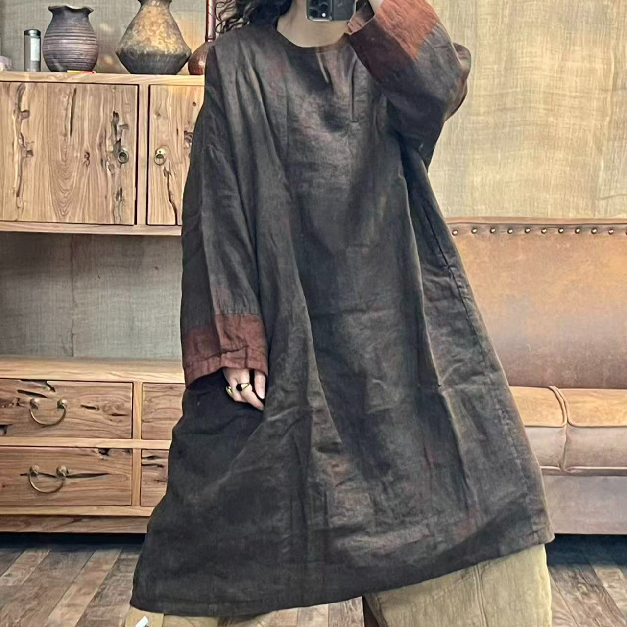 [四月阳光]春季亚麻双层印花做旧圆领休闲长款女装(长105胸围146)