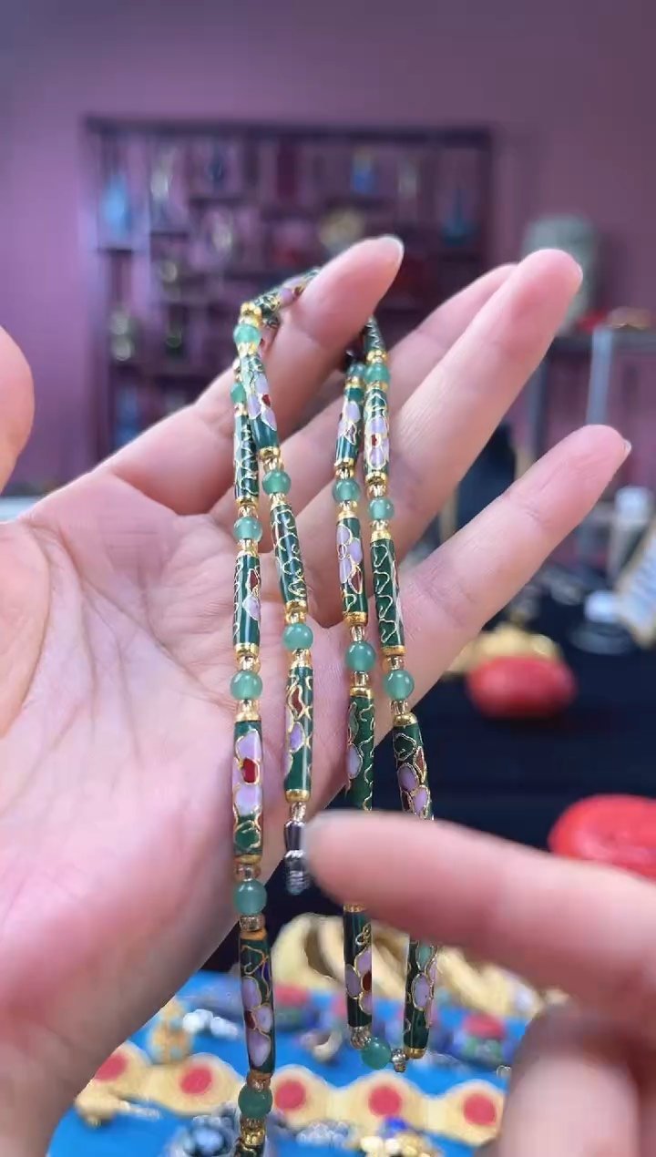 非遗技艺 景泰蓝竹节项链 绿