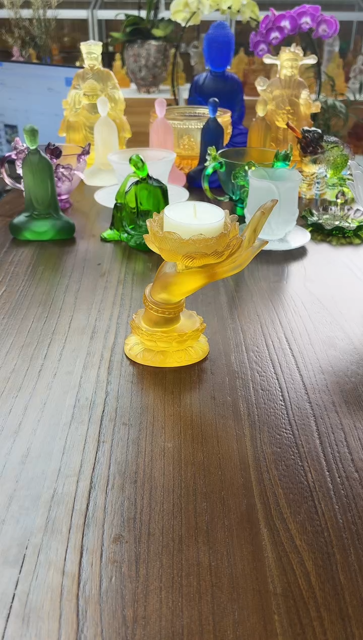 手工艺品琉璃12公分佛手烛台琥珀色