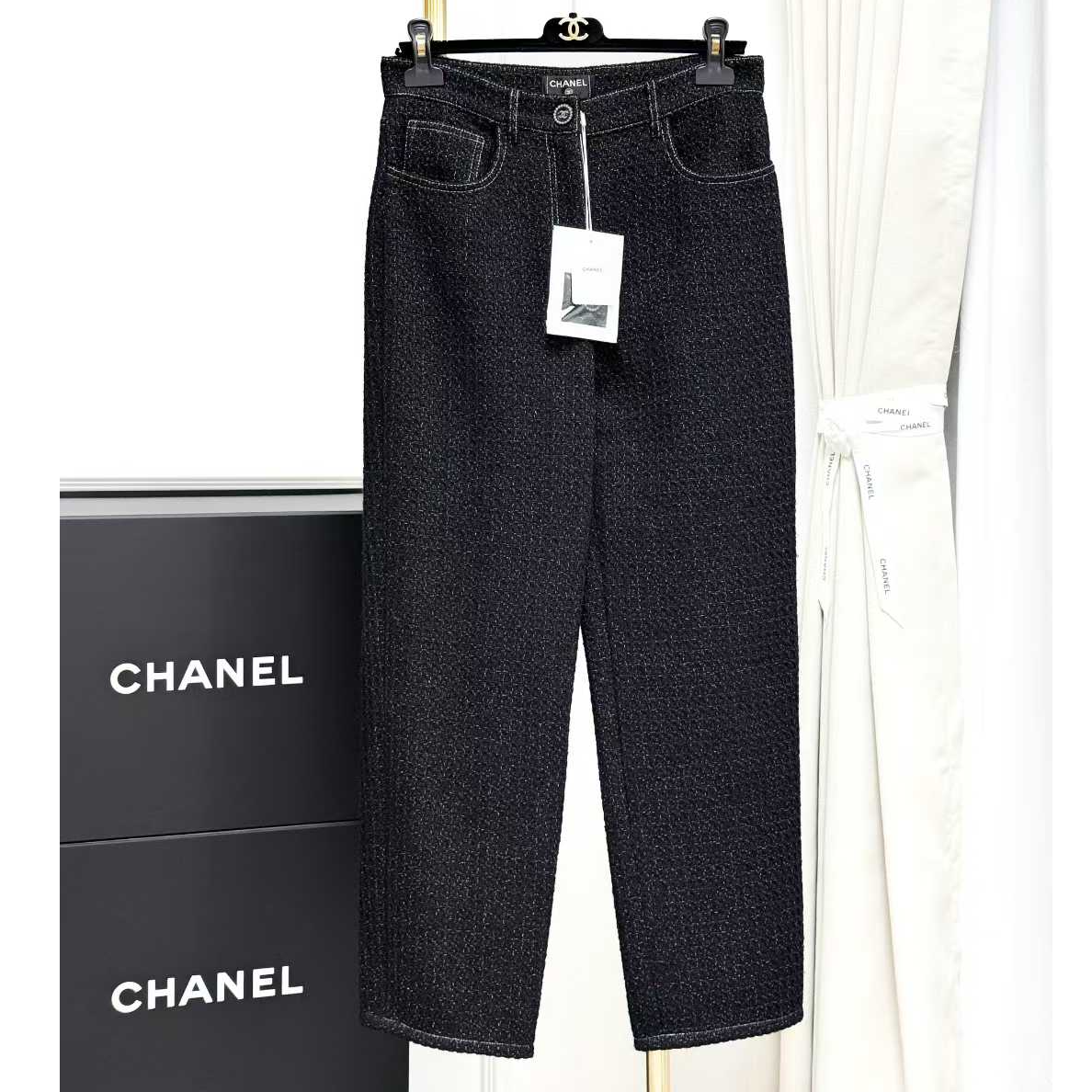 99新 Chanel/香奈儿 38码24B黑色羊毛软呢编织长裤