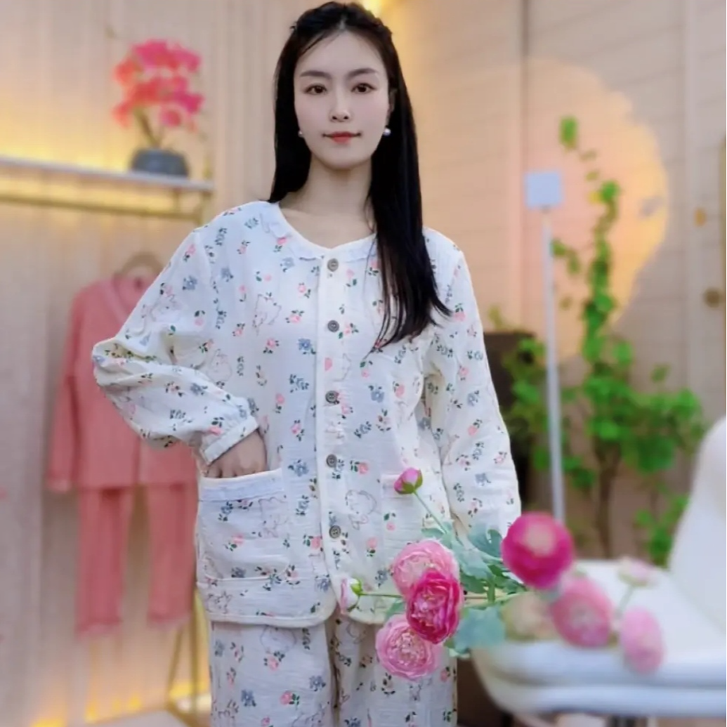 100%纯棉睡套装春季新品女款衣双层纱棉宽松版田园碎花休闲家居服