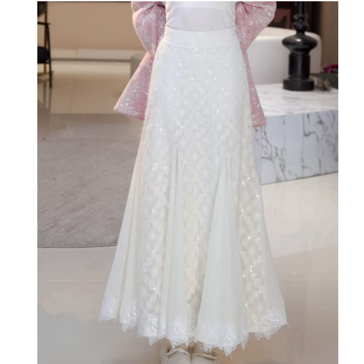 时尚亮片蕾丝花边下摆鱼尾裙加绒 815657