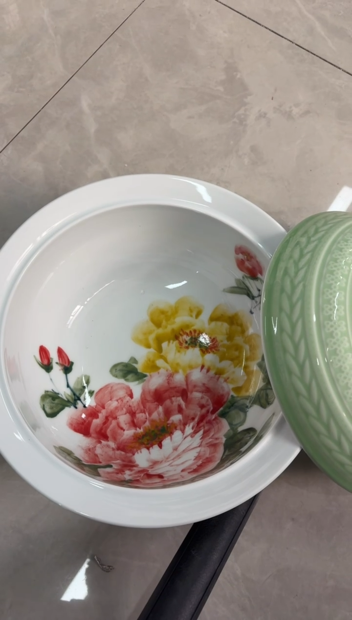 瓷片景德镇高温陶瓷食品级手绘釉中彩-青釉聚宝盆
