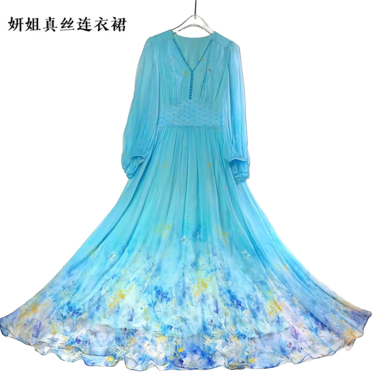 2025妍姐蓝色新款时尚宽松高端走秀百搭轻奢连衣裙蓝花色 23128-3
