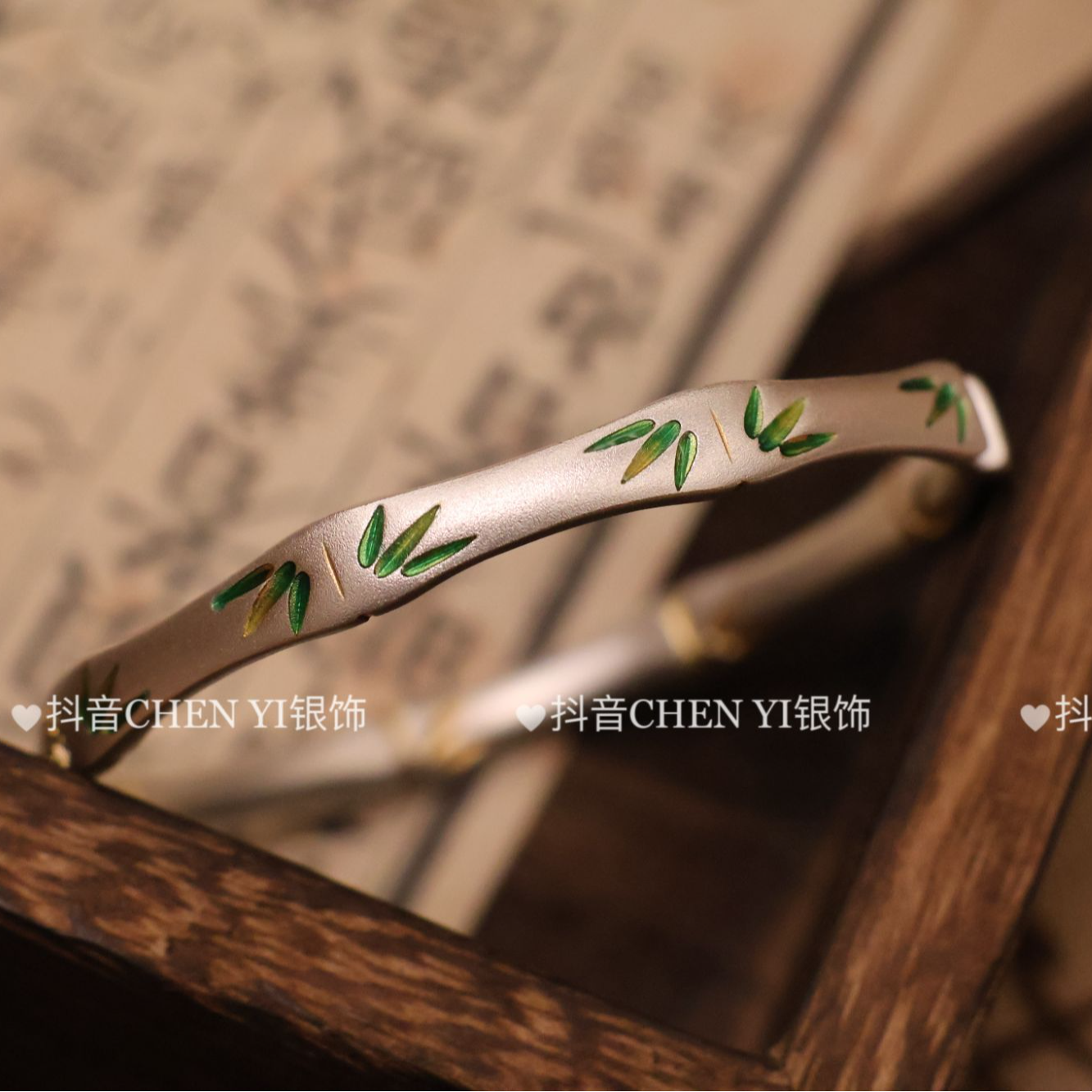 足银珐琅手镯 银饰【绿竹】新中式手工描金吉言开口竹节手镯镯子
