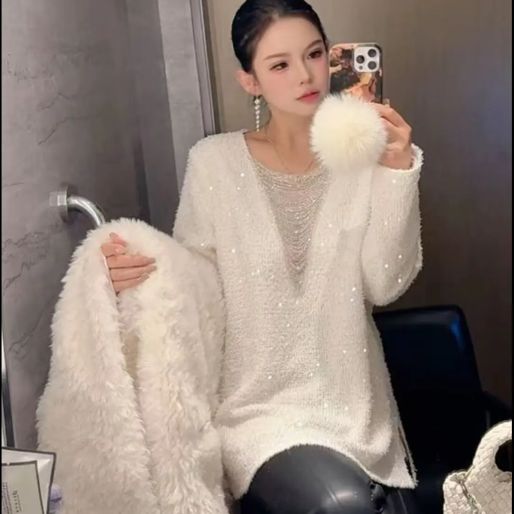 新珠珠V领软糯亮片重工宽松性感轻奢风长袖上衣女百搭