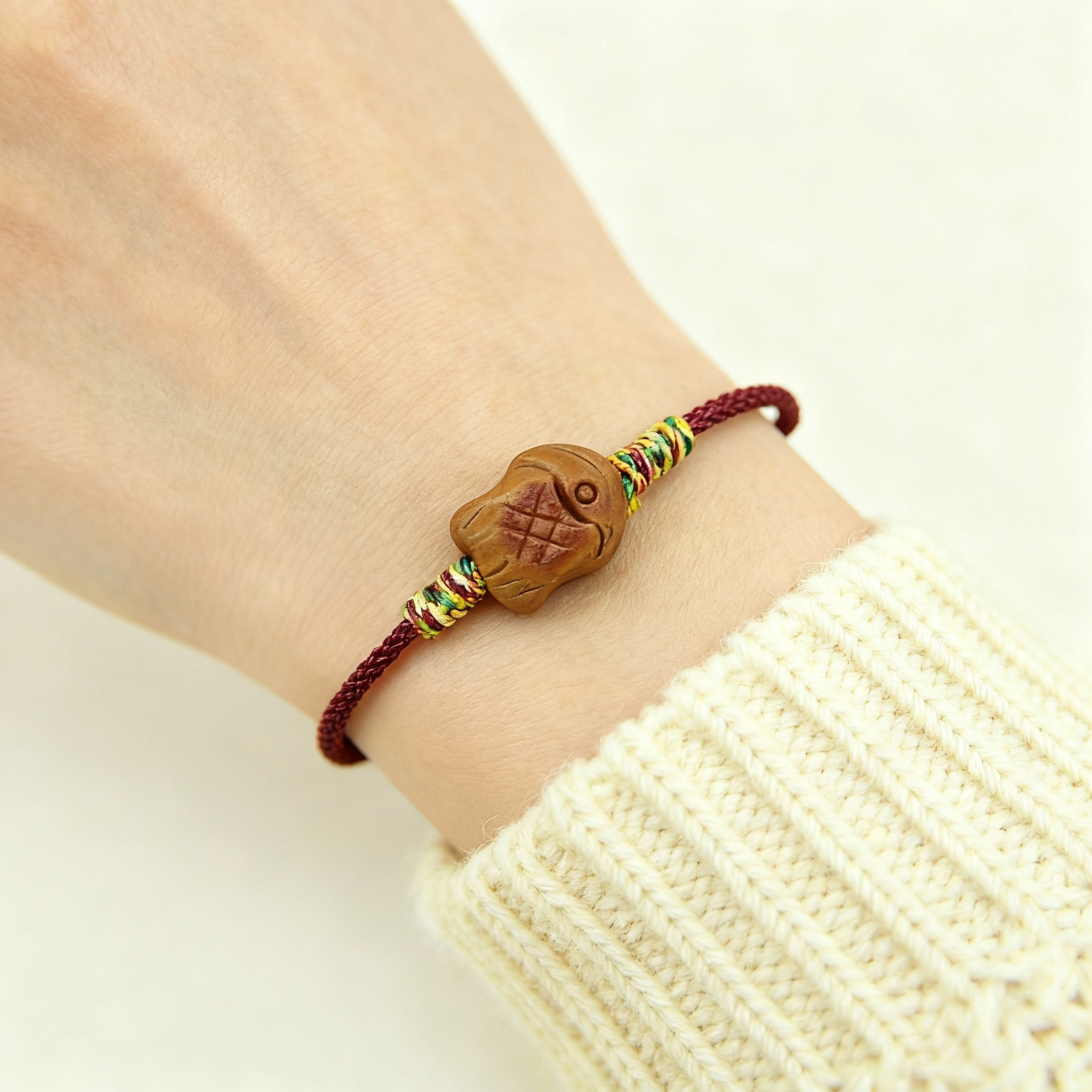 【上岸】龙纹桃核雕刻小鱼 桃枭 可调节大小红绳 手绳儿童成人款