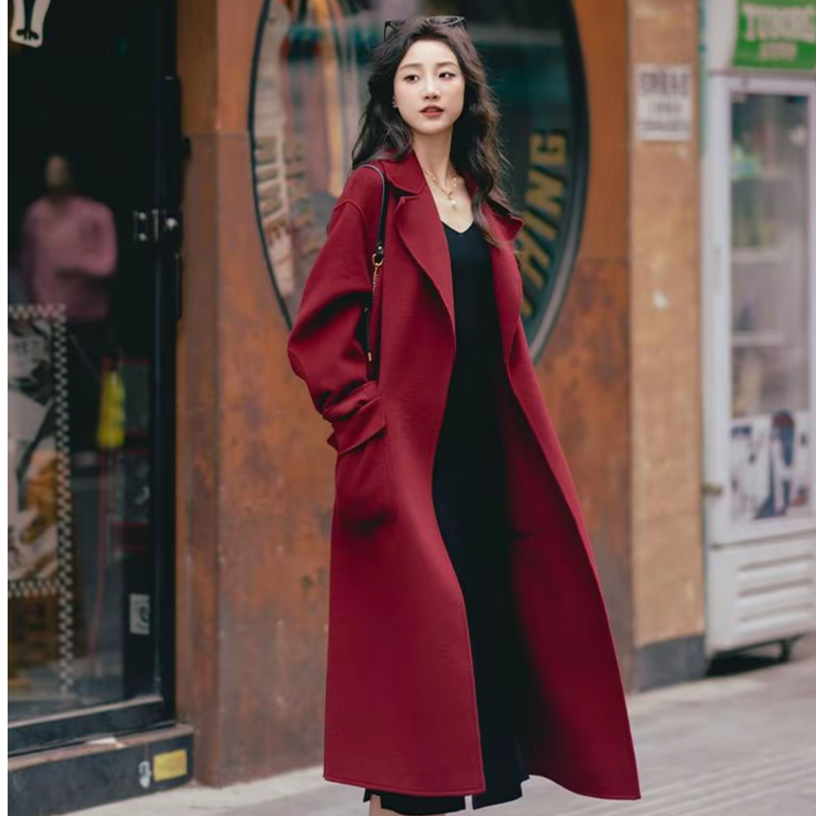 哥弟新款双面呢大衣气质羊毛时尚翻领冬季女士长款设计师1400640 