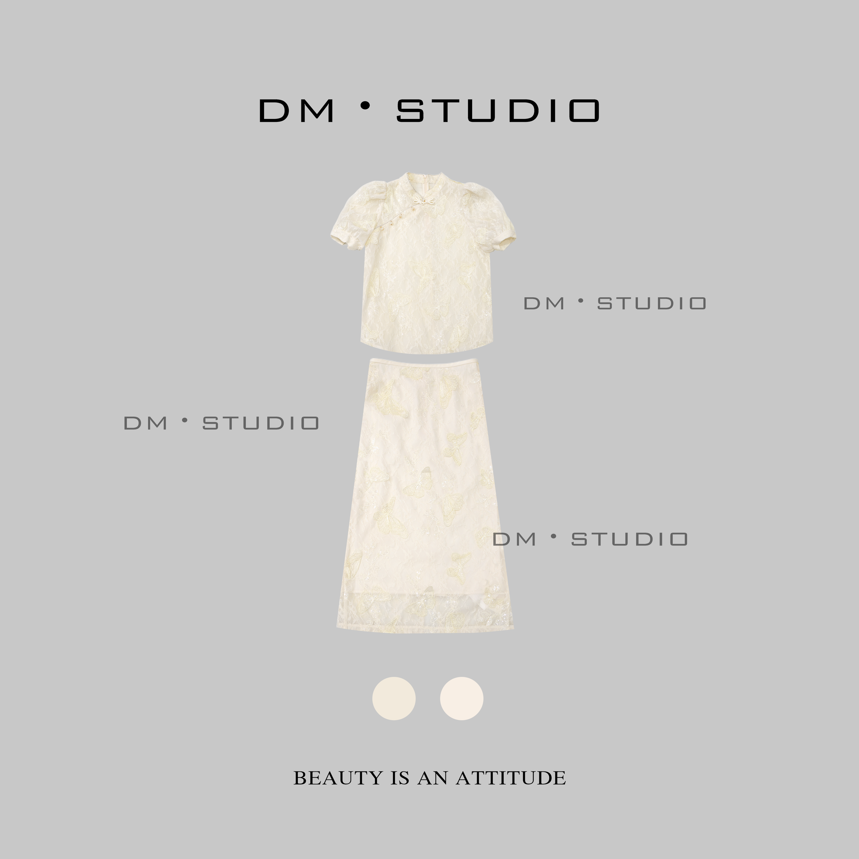 DEDM•STUDIODM/复古气质蕾丝绣花蝴蝶泡泡袖盘扣套装（C33778）