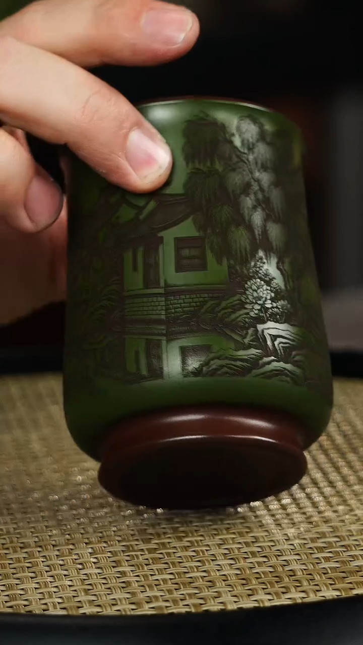 茶壶紫砂双色主人杯  刻绘 江南水乡
