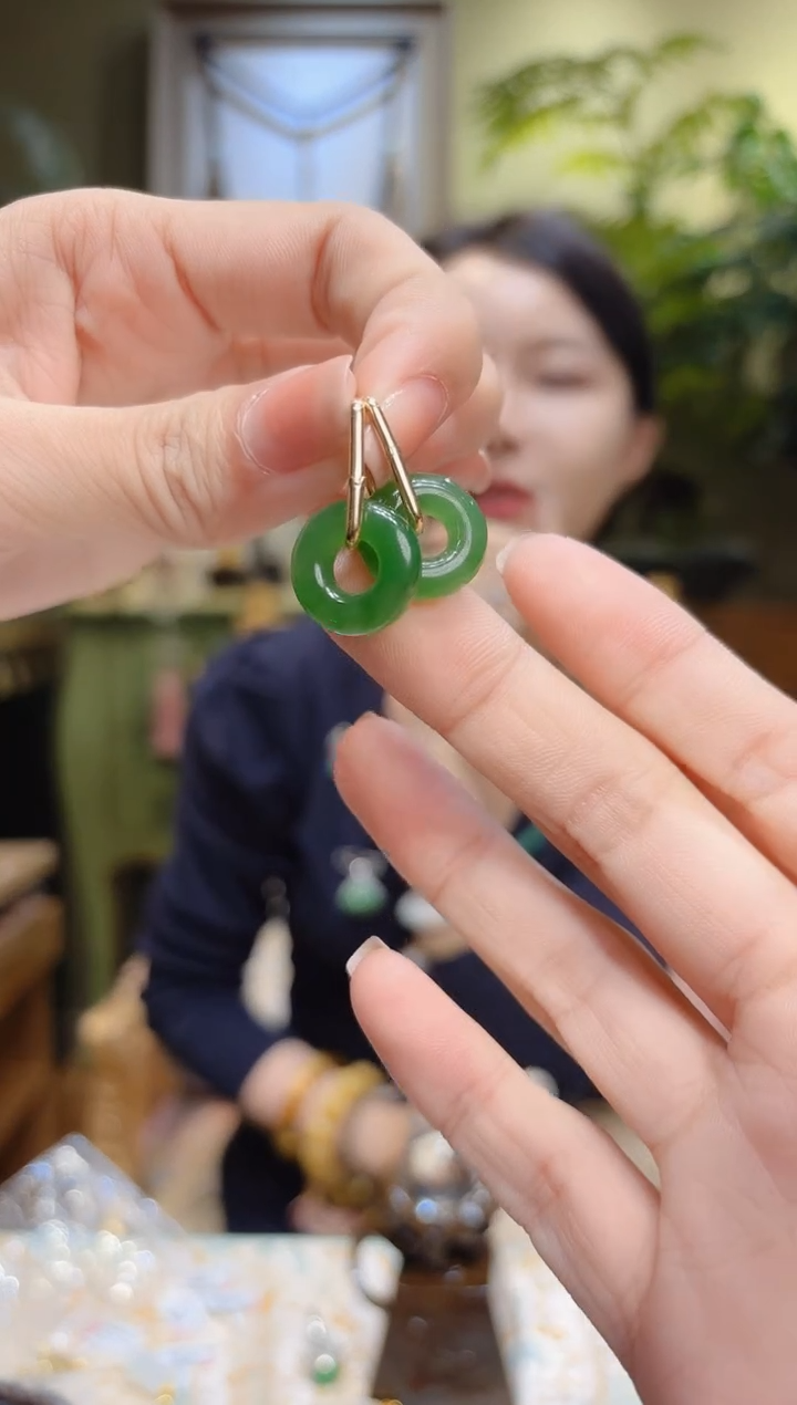 【闪购商品】和田玉耳饰18K金镶嵌碧玉和田玉甜甜圈耳饰耳扣