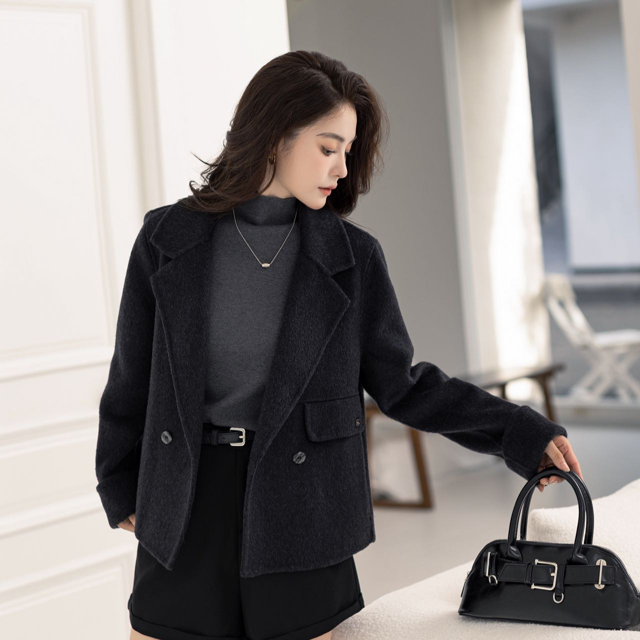 甜甜69532秋冬长袖秋冬季纯色短款女短外套时尚大衣牛仔气质