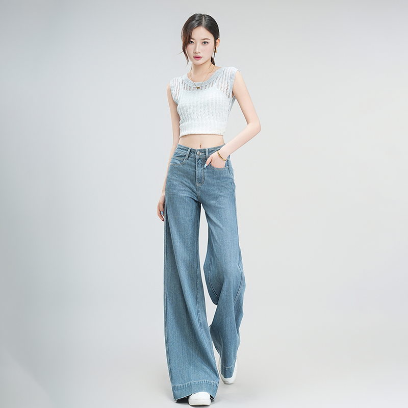 悉妍 原创夏季薄款桑蚕丝四面弹高腰筒叭牛仔女裤清凉透气时尚886