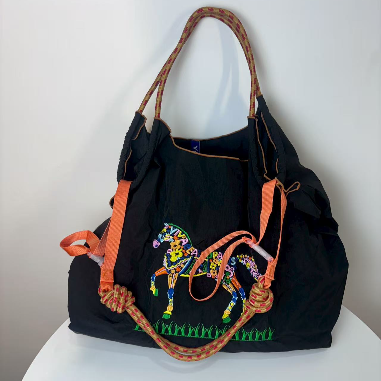 百花刺绣黑马踏青收纳包包购物包W