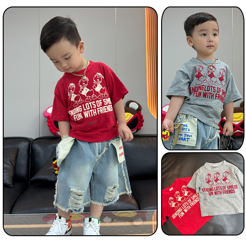 柠檬妈童装 全棉水洗透气植绒印花灰红色三只小鸭子圆领短袖T