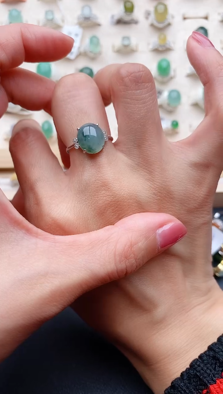 【闪购商品】翡翠戒指银S925镶嵌缅甸天然翡翠222   8-7