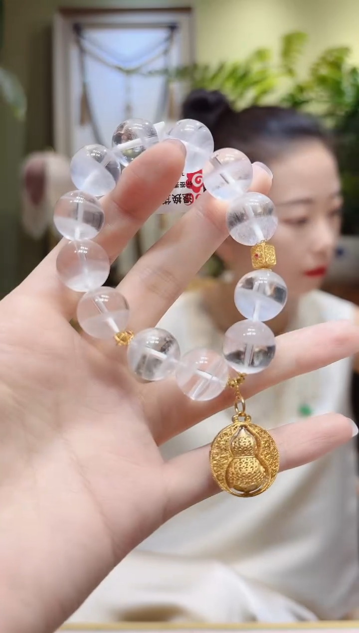 【闪购商品】水晶手串18K金镶嵌大可转葫芦提溜白幽灵手串