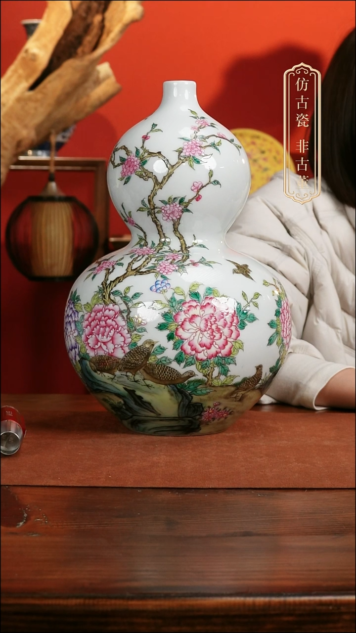 摆件陶粉彩葫芦鹌鹑瓶