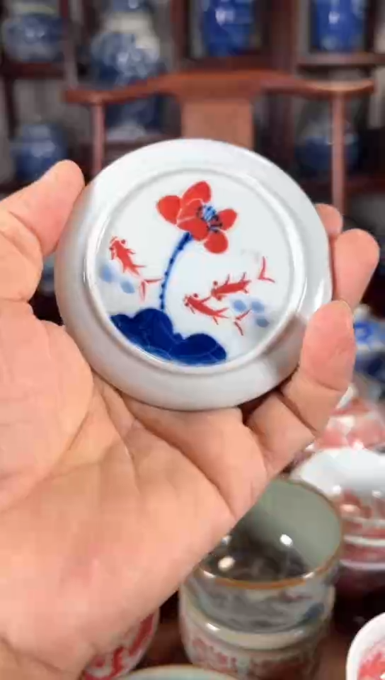 柴窑青花釉里红荷花盖置