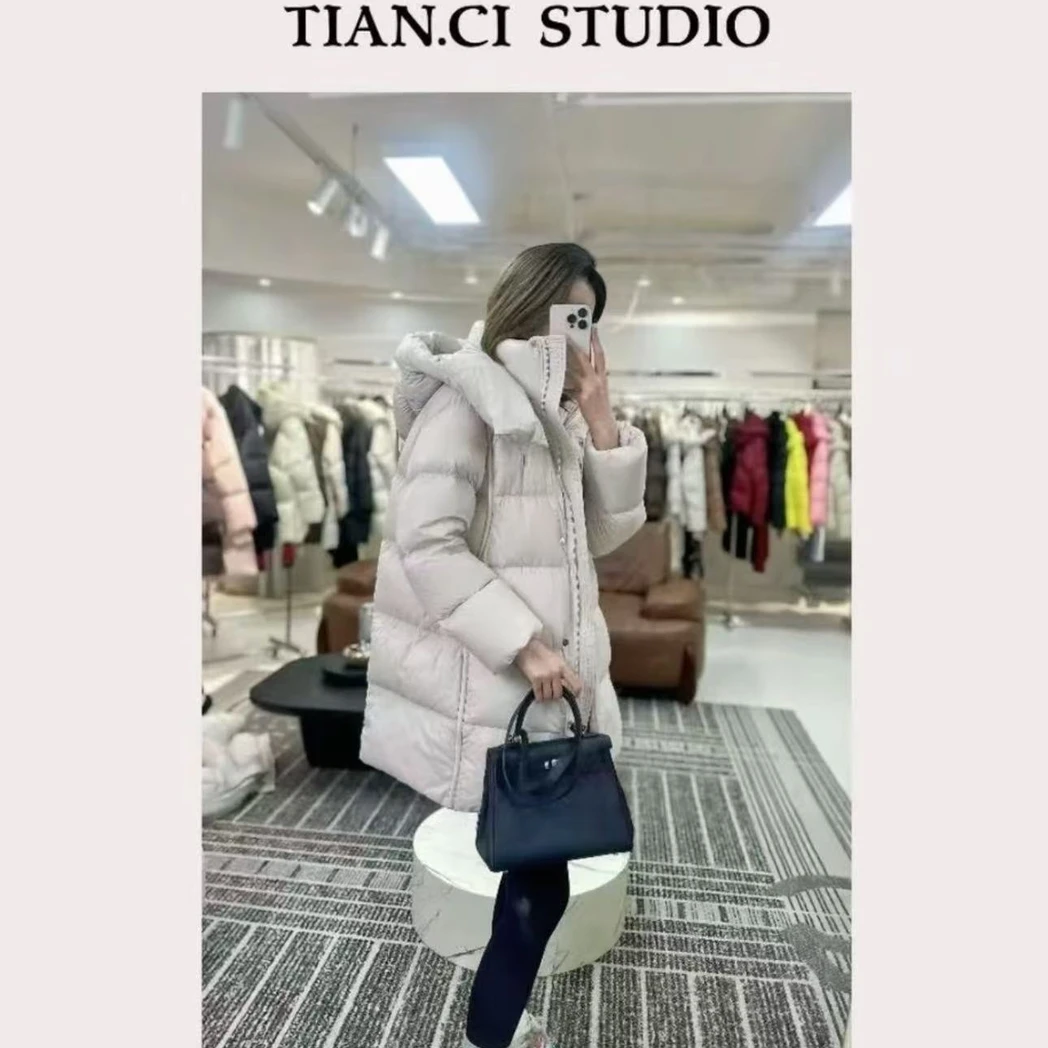 90泡芙连帽300g(含)厚款中长款羽绒服