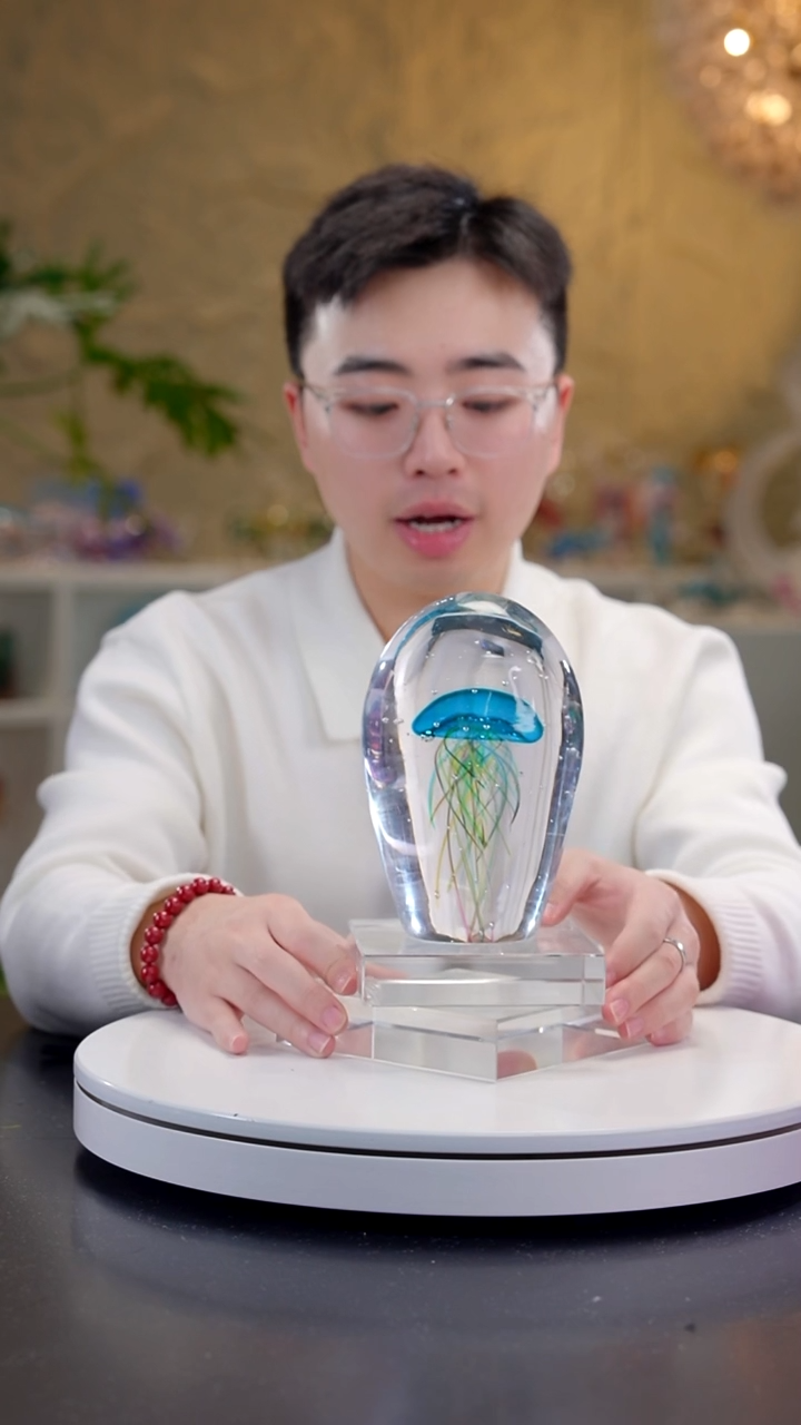 手工艺品琉璃宝石蓝气泡工艺水母摆件+底座