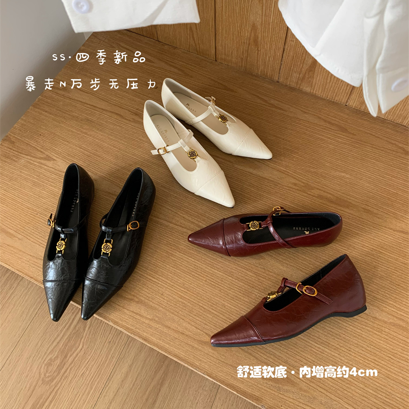 丁字带金属扣尖头玛丽珍鞋女2025早春新款气质内增高单鞋Q69-3