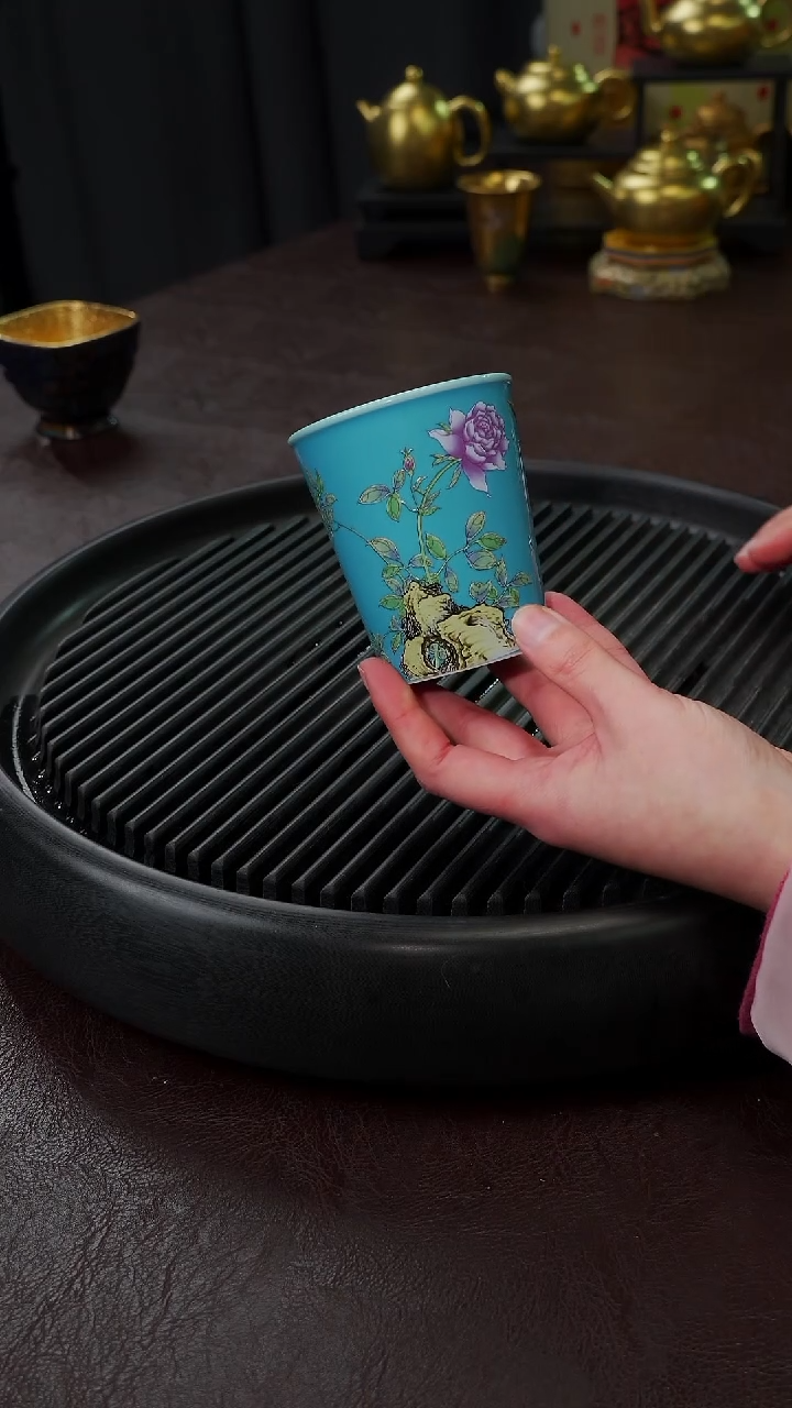 【闪购商品】杯【宜景窑松石蓝】手绘玫瑰可乐杯