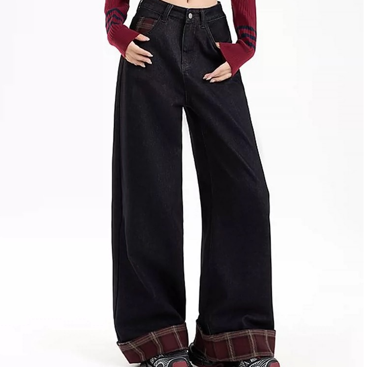 [商场同款]英国Gesamy格子拼接高腰阔腿牛仔裤22W-G106