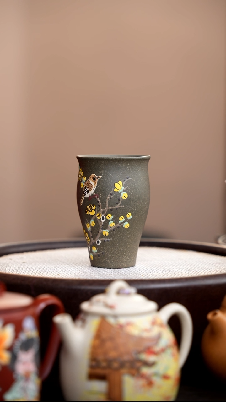 茶壶紫砂青段闻香杯泥绘黄花鸟