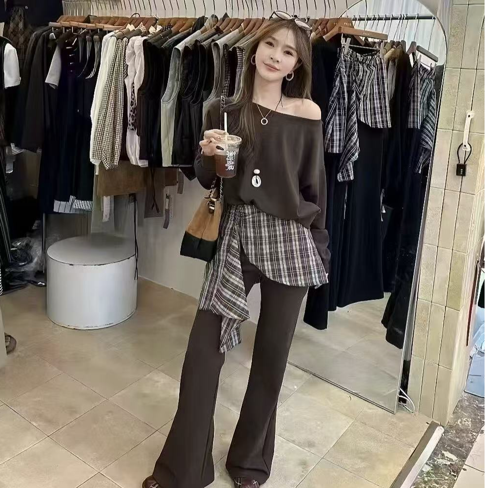 2025秋款时尚套装长袖上衣+屁帘微喇叭裤显瘦百搭减龄