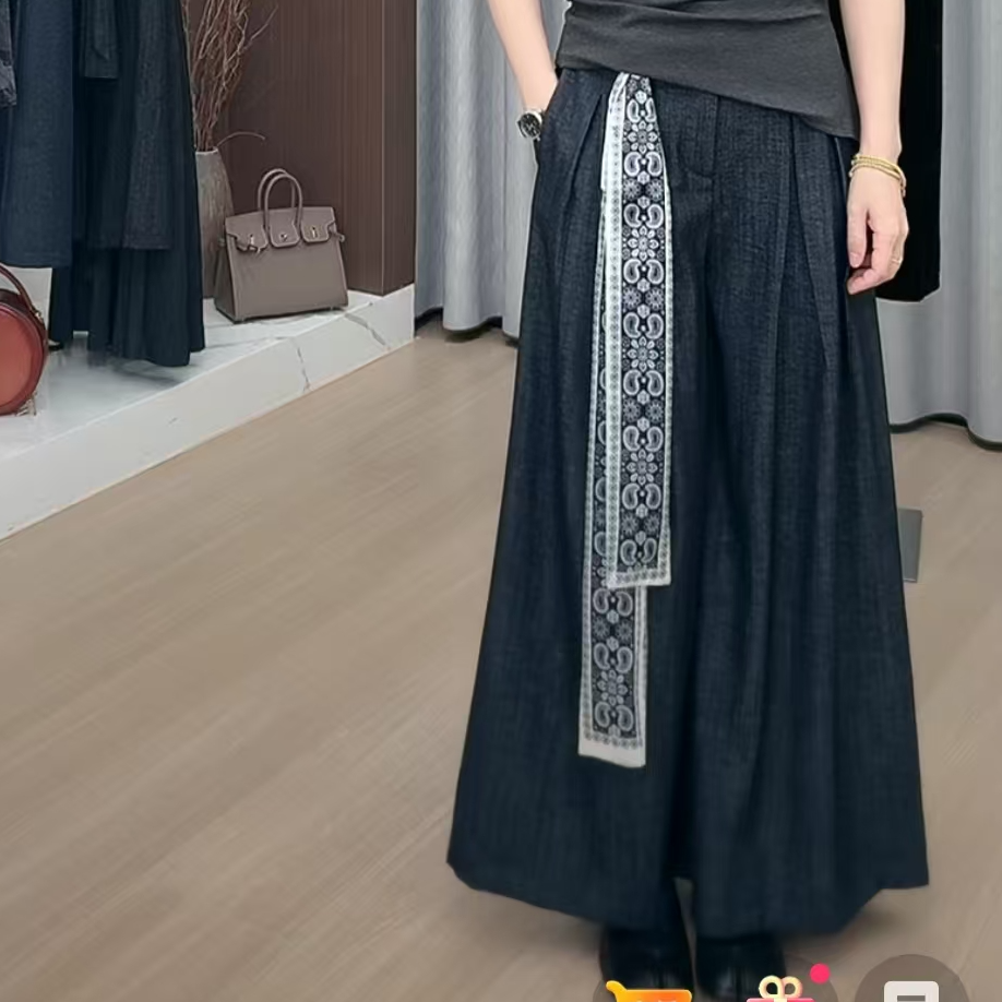早秋新款韩版通勤减龄设计感纯色高腰遮胯休闲阔腿裤女8573
