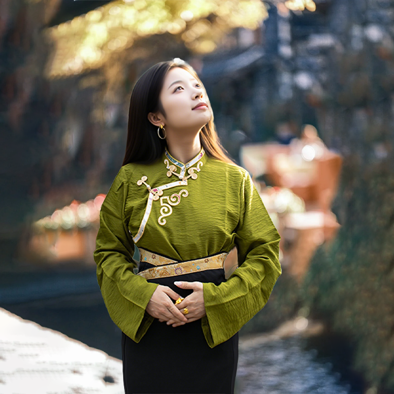 藏装春季男女同款皱皱棉衬衣手工金扣加金卡边轻奢重工上衣民族风