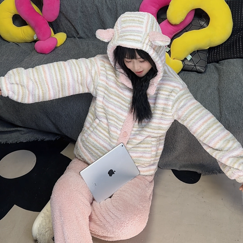 【热力绒】2025冬季新款加厚睡衣连帽韩版家居服套装情侣款慵懒可爱