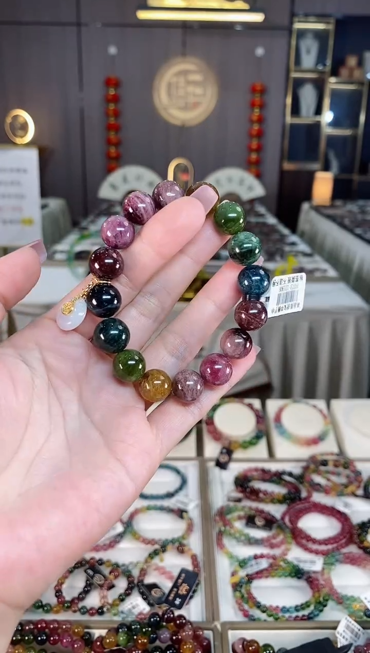 未镶嵌老矿碧玺彩虹单圈手串12mm+碧玺hon多样性发一条